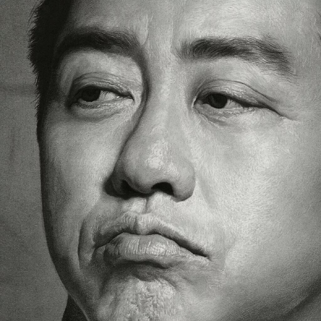 劉斌素描作品《老頑童——哈林》五官局部