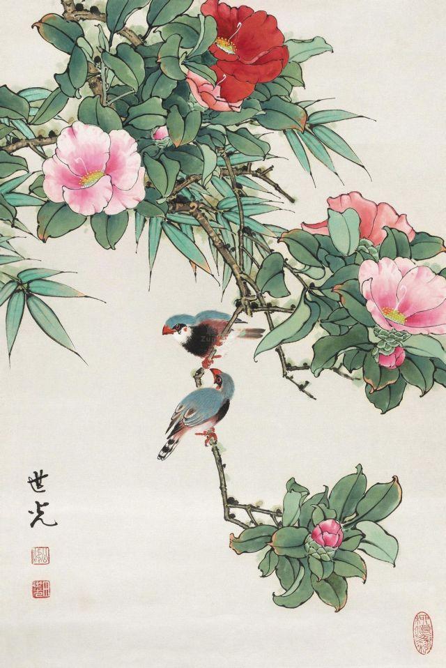 國畫工筆花鳥畫《桃花福壽》（鏡心）作者田世光